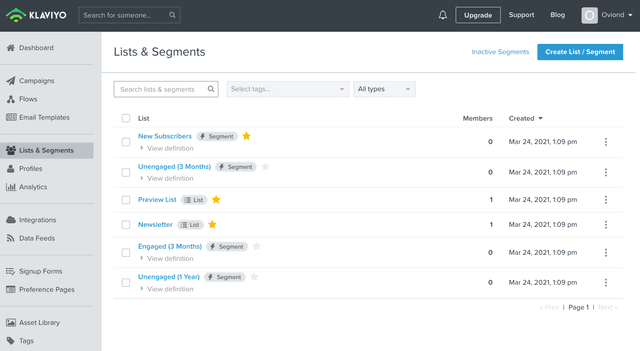 Screenshot of lists and segments of Klaviyo platform.