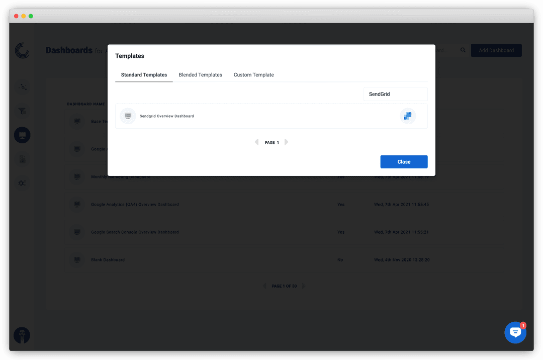 A screenshot of SendGrid dashboard templates available on Oviond.