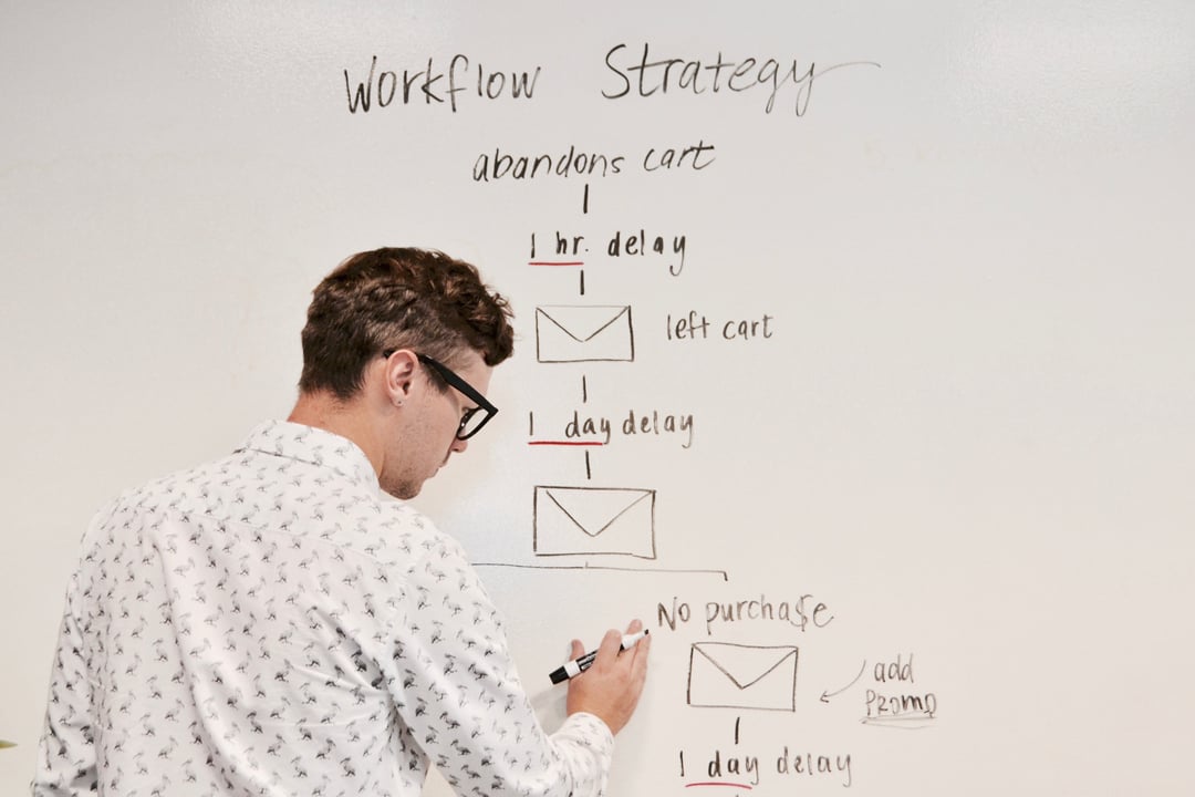 An image of a man drawing a workflow on a white board.