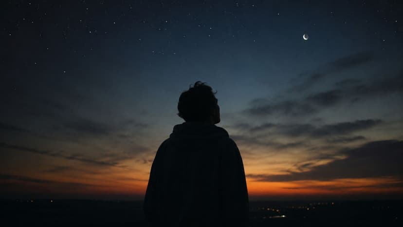 A silhouette of a person standing at dusk, looking up at a starry sky and crescent moon.