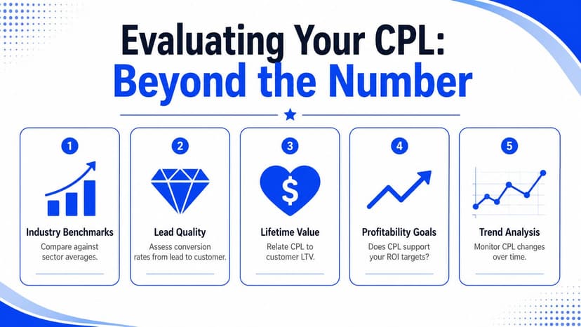 An infographic titled Evaluating Your CPL outlining five key steps for analyzing cost per lead metrics.