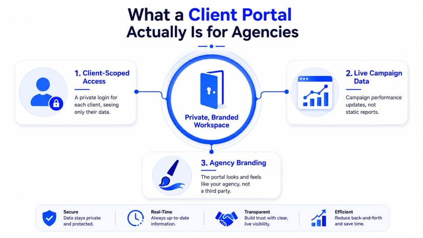 An infographic showing the three essential components of a secure, branded client portal for marketing agencies.