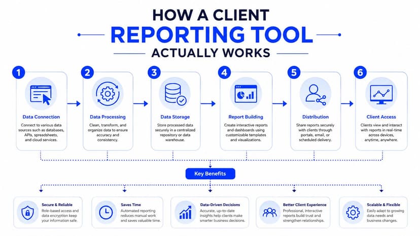 A diagram illustrating the six-step process of a client reporting tool and its key business benefits.
