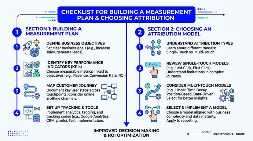 A professional infographic outlining a checklist for building a measurement plan and choosing an attribution model.