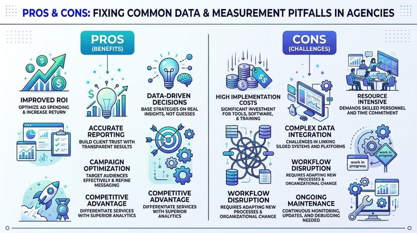 An infographic comparing the pros and cons of implementing data and measurement strategies in marketing agencies.