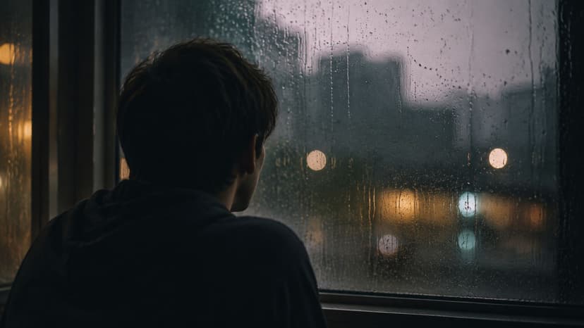A silhouette of a person looking out of a window at a rainy city scene at night.