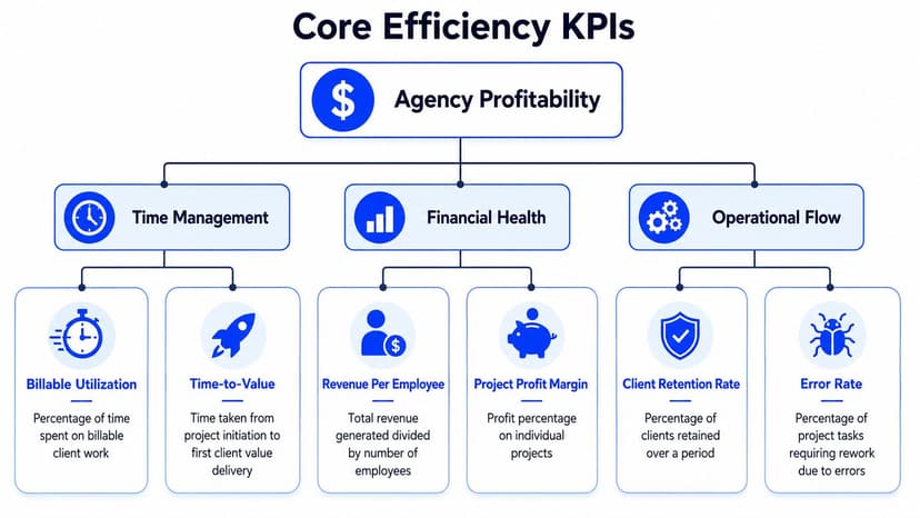 A chart illustrating core efficiency KPIs for agencies, including time management, financial health, and operational flow metrics.