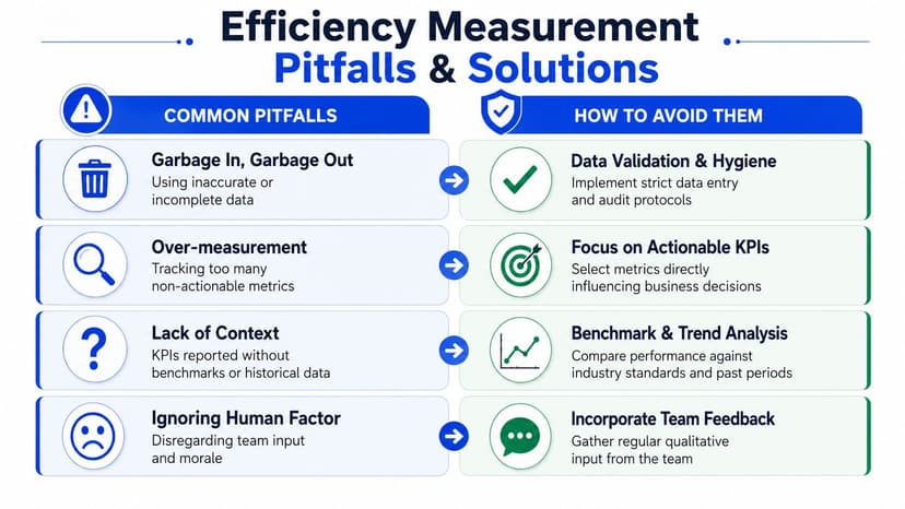 A chart showing four common efficiency measurement pitfalls and their corresponding solutions to improve business performance.