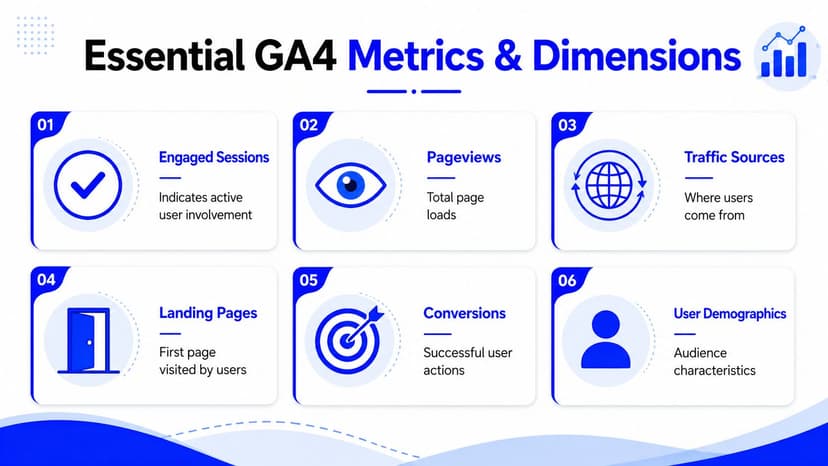 A graphic infographic listing six essential Google Analytics 4 metrics and dimensions for tracking website performance.