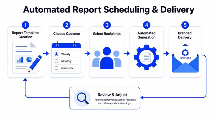 A five-step infographic showing the automated report scheduling and delivery workflow with a continuous feedback loop.