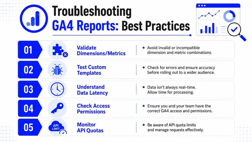 A professional infographic titled Troubleshooting GA4 Reports outlining five best practices for managing Google Analytics data.