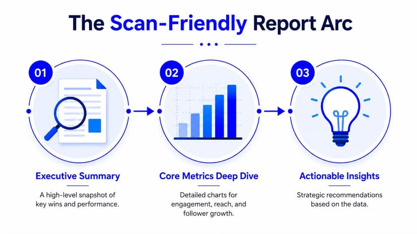 A diagram illustrating a three-step scan-friendly report process consisting of an executive summary, metrics deep dive, and actionable insights.