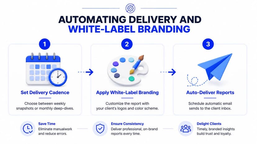 A diagram illustrating the three-step process for automating delivery and white-label branding for client reporting software.