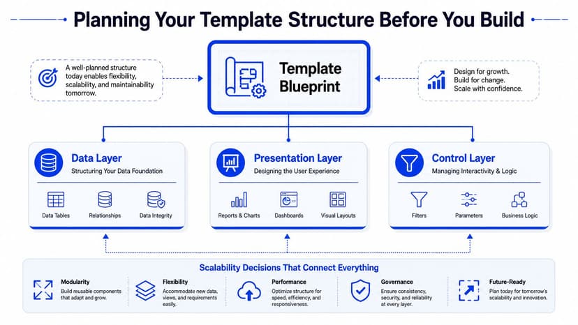 A diagram illustrating a template blueprint for data structures, presentation layers, and control layers for business intelligence.