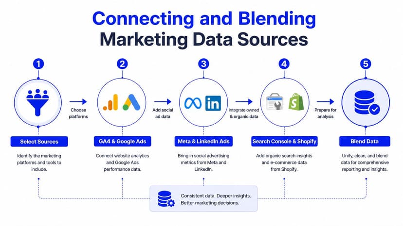 A five-step flowchart illustrating the process of connecting and blending various marketing data sources for analytics.