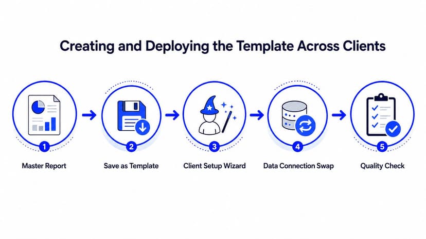 A five-step process diagram illustrating how to create and deploy a looker studio report template for clients.