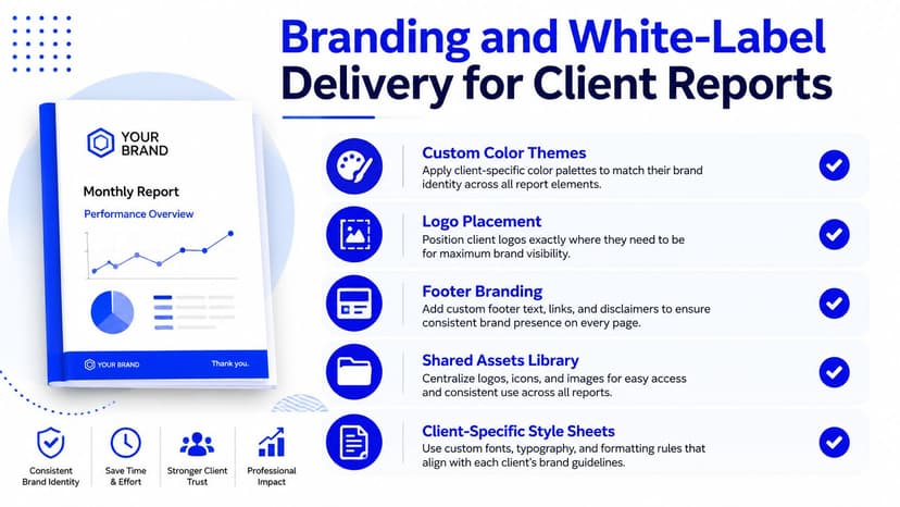 A visual guide illustrating branding and white-label features for professional client reporting in Looker Studio.
