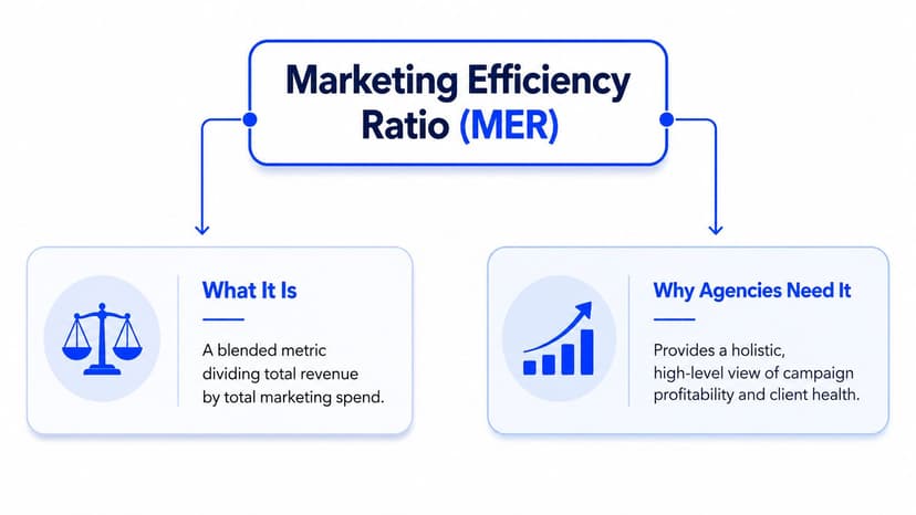 A diagram defining the Marketing Efficiency Ratio as total revenue divided by total marketing spend for agencies.