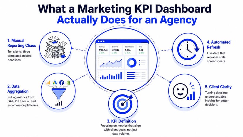 A diagram illustrating five key benefits of a marketing KPI dashboard for digital agencies and clients.