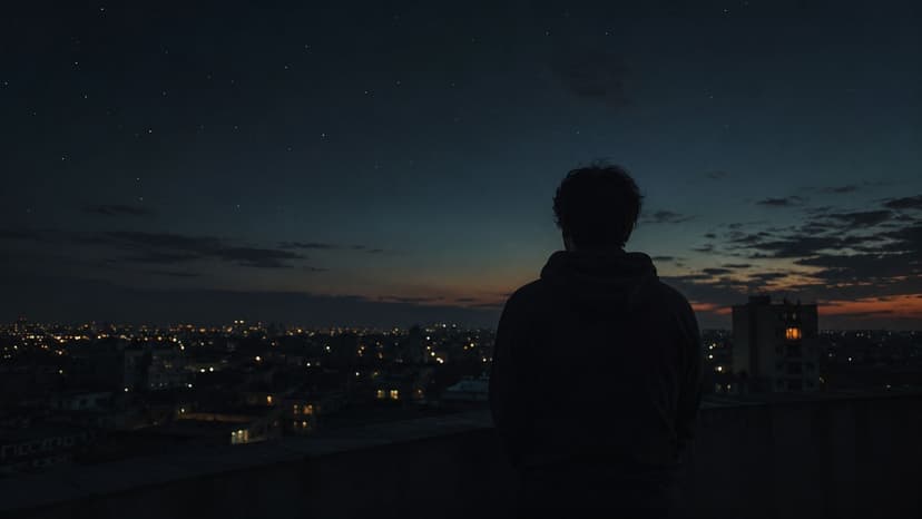A person standing on a rooftop at twilight overlooking a vast city skyline under a starry sky.