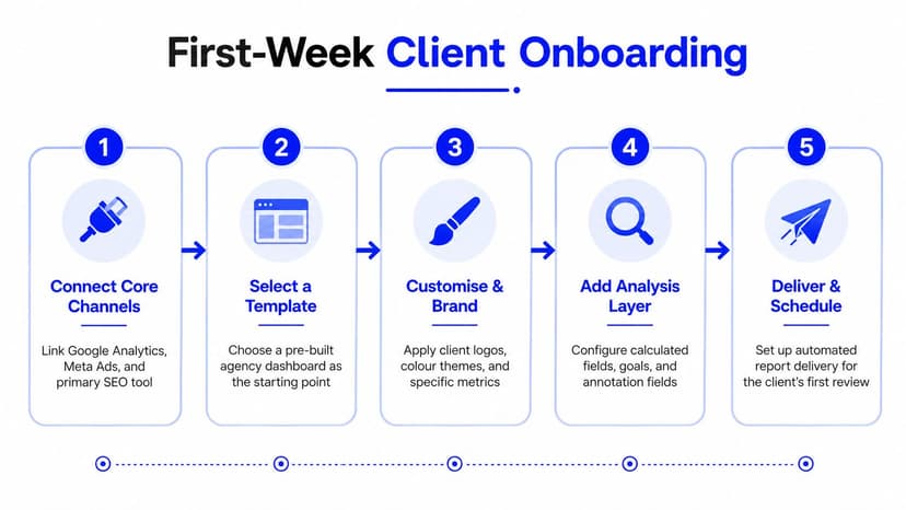 A five-step infographic illustrating the first-week client onboarding process for marketing reporting software solutions.