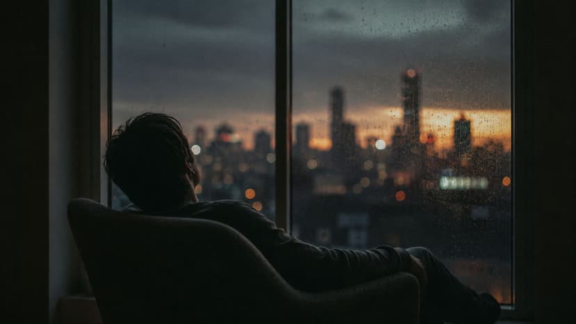 A silhouette of a person sitting in an armchair looking out a rainy window at city lights.