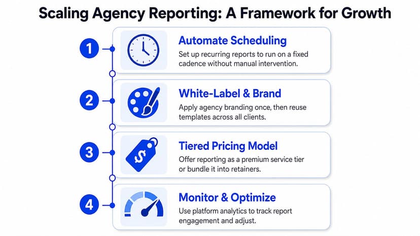 A four-step framework infographic for scaling agency marketing reporting growth featuring automation, branding, pricing, and optimization strategies.