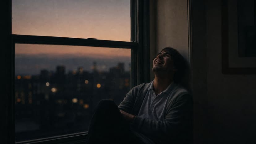 A young man sitting by a window at twilight, looking upward with a happy and contemplative expression.
