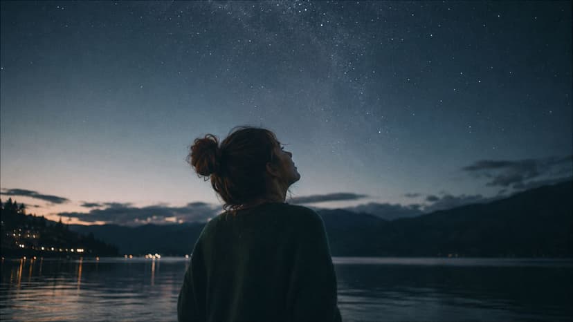 A woman gazing up at a vibrant starry night sky reflecting over a calm lake at twilight.