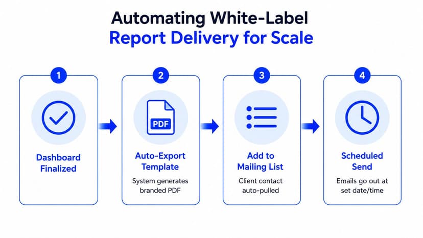 A four-step infographic illustrating the automated process for creating and delivering branded white-label marketing reports.