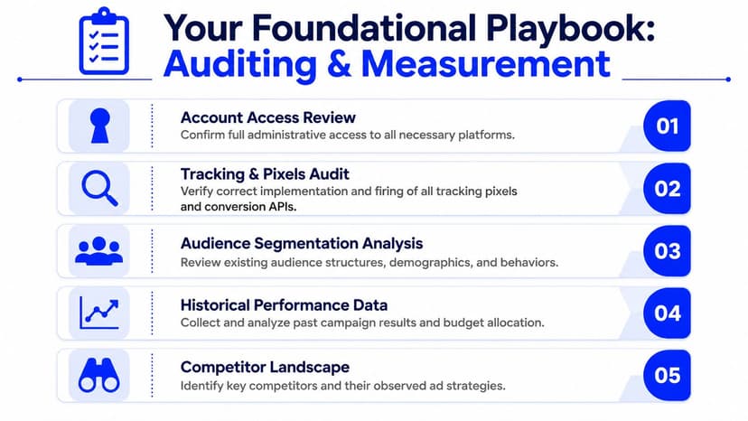 An infographic titled Your Foundational Playbook Auditing and Measurement listing five essential steps for digital advertising audits.