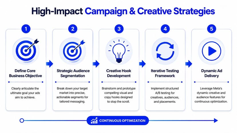 A five-step infographic showing a strategic process for developing high-impact advertising campaigns and creative marketing strategies.