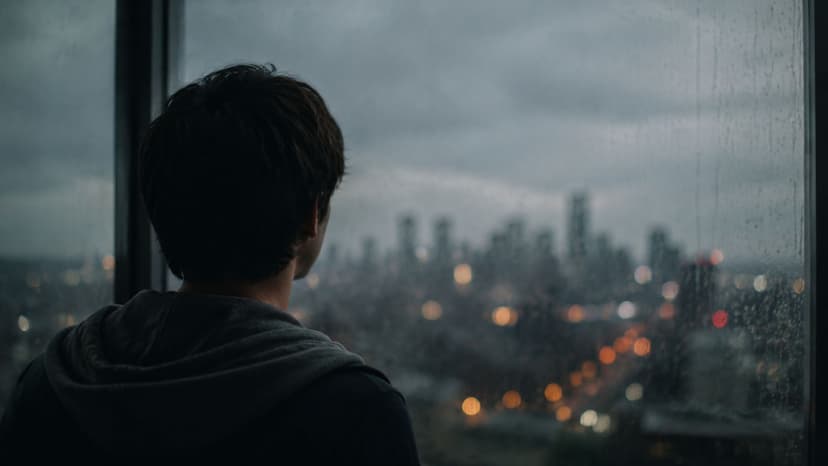 A young person viewed from behind, looking out a rainy window at a blurred city skyline.