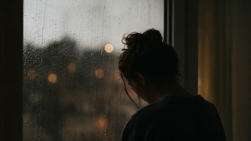 A silhouette of a woman looking out a rain-streaked window feeling pensive and thoughtful indoors.