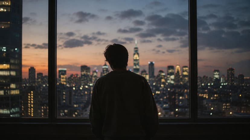 A silhouette of a person looking out a large window at a sprawling illuminated city skyline at dusk.