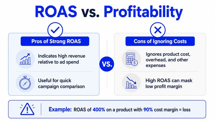 An infographic comparing ROAS versus profitability, highlighting the pros of strong ROAS and the cons of ignoring costs.