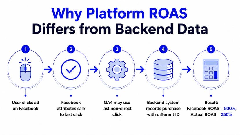 A diagram explaining five steps why platform ROAS differs from backend data in marketing analytics.
