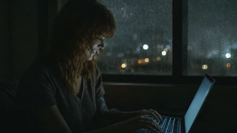 A woman with red hair typing on a laptop computer late at night near a rainy window.