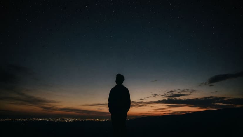 A silhouette of a person standing alone looking at the starry night sky above a glowing city