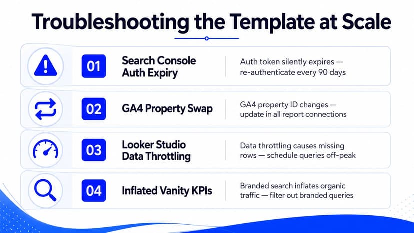 A slide titled Troubleshooting the Template at Scale listing four common issues with data reporting integrations.