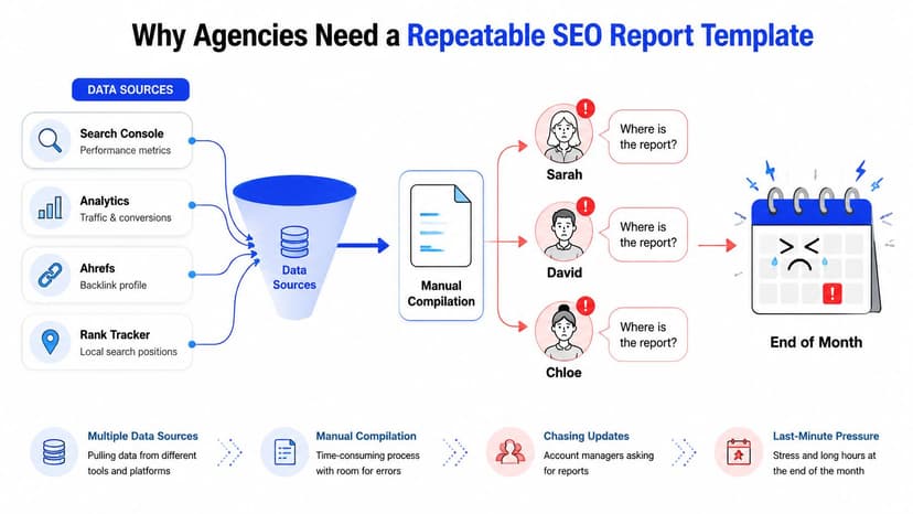 A diagram illustrating the challenges of manually compiling SEO reports from multiple data sources for agency teams.