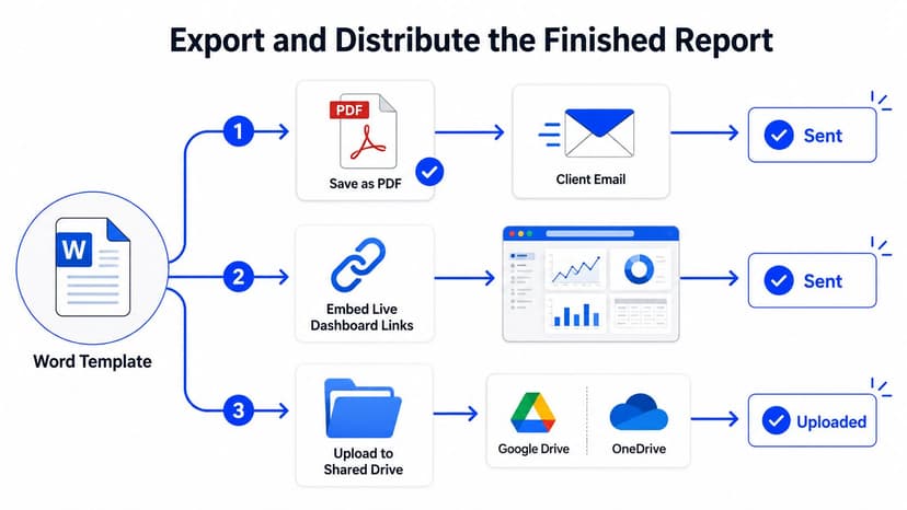 A flowchart showing how to export and distribute a word report template via PDF email, dashboard links, or cloud storage.