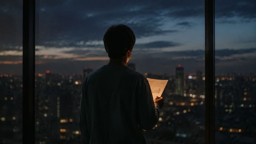 A silhouette of a person standing by a large window looking at a document over city lights.