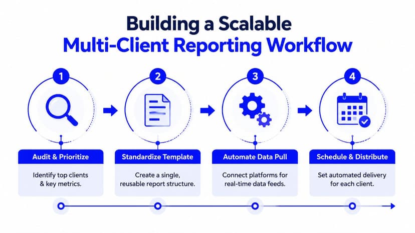 A four-step infographic illustrating a scalable multi-client reporting workflow from auditing to automated distribution.