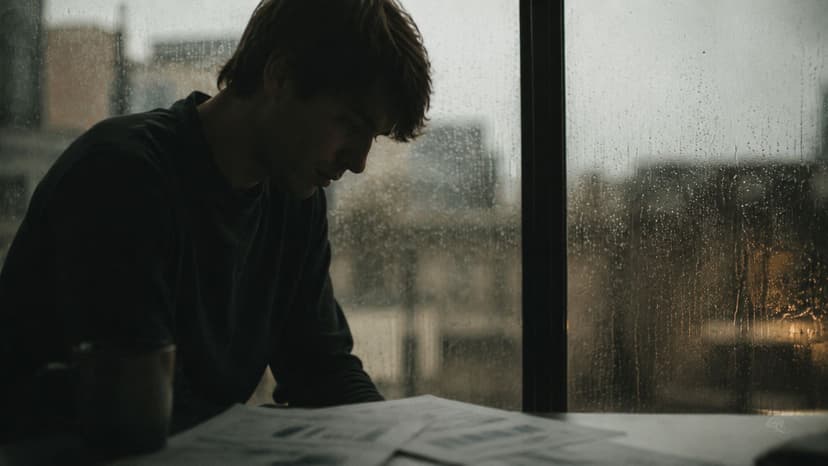 A pensive young man sitting at a desk with paperwork near a rainy window pane