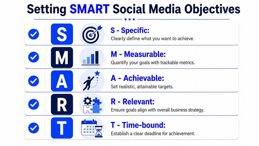 A visual guide explaining how to set SMART social media objectives with five key criteria for success.