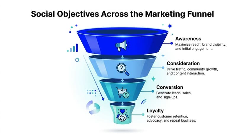 A marketing funnel diagram displaying the stages of social media marketing objectives from awareness to customer loyalty.