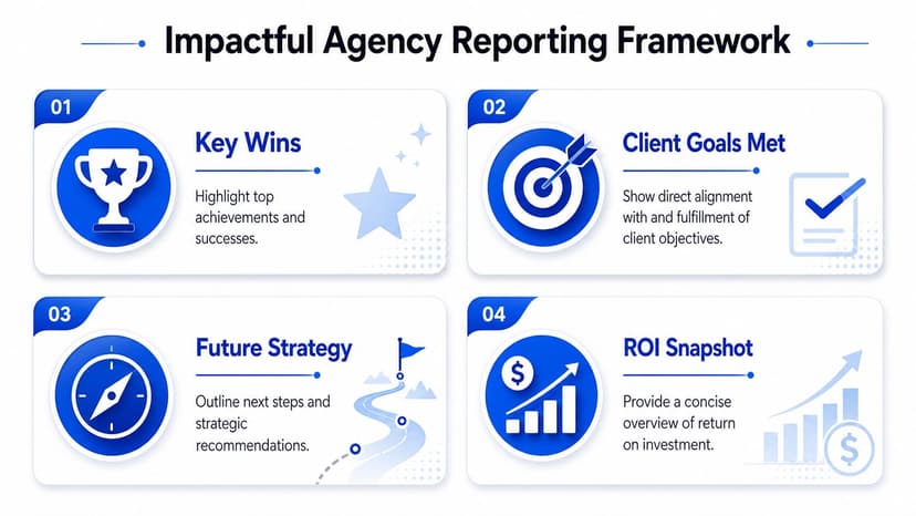 A diagram titled Impactful Agency Reporting Framework showing four key steps: Key Wins, Client Goals, Future Strategy, and ROI.