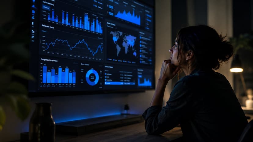 A modern agency strategist reviewing a unified client reporting dashboard with social media monitoring charts, sentiment