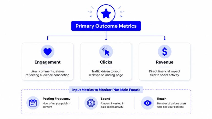 A diagram categorizing social media metrics into primary outcome goals and secondary input monitoring metrics.